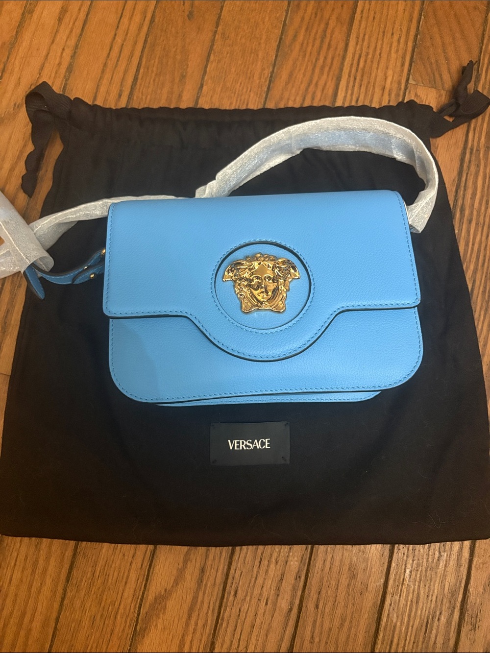 Versace turquoise Blue Leather Medusa Crossbody Bag with Gold Emblem